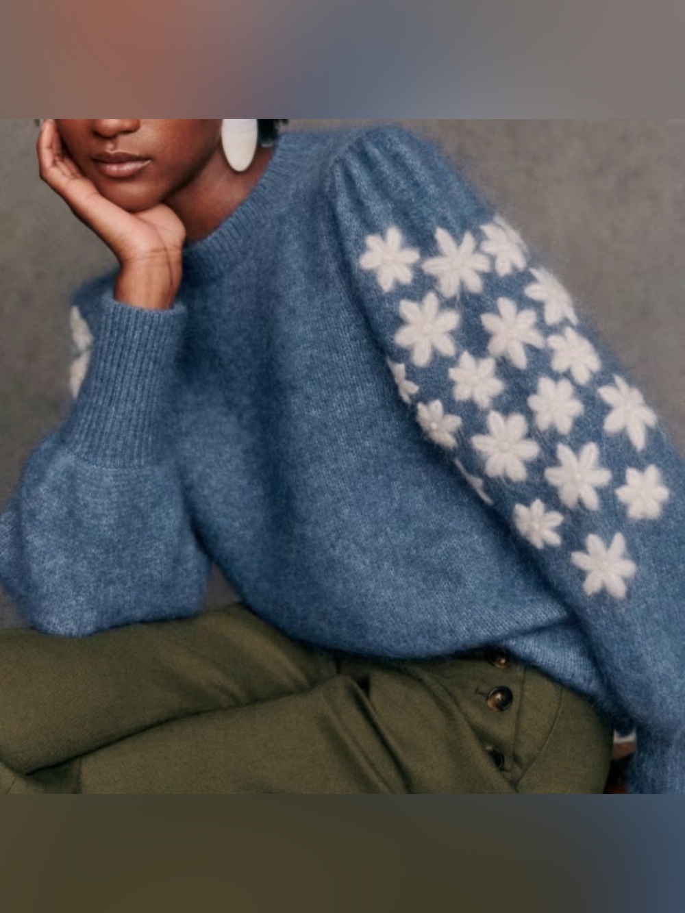 Sezane Mohair Luke Jumper Faded Blue & Ecru White Flowers Size XL
